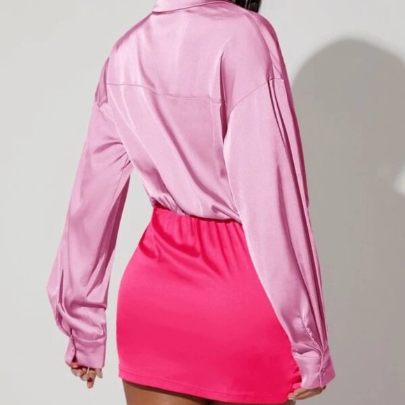 Hot PInk Colorblock Drop Shoulder Lapel Neck Satin Mini Dress - Picture 5 of 5